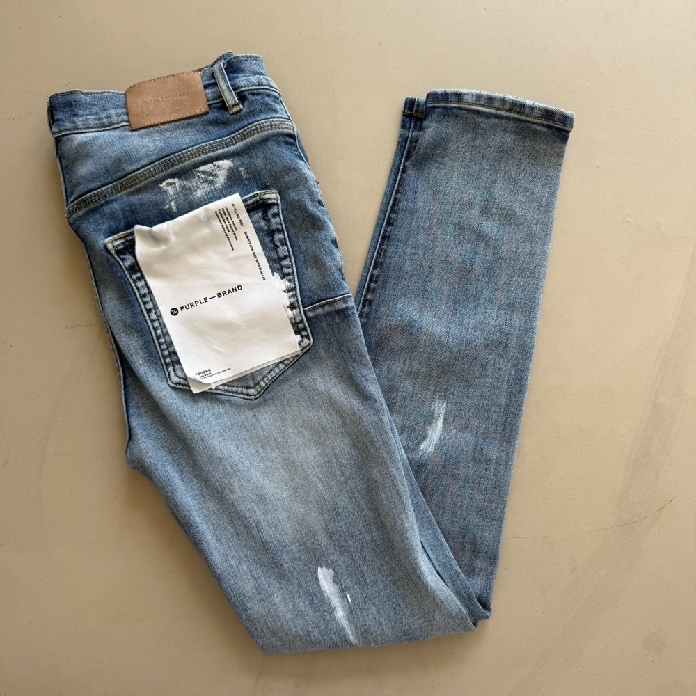 Purple Brand P001 Slim Fit Jeans Mens 34 Light Blue Paint Splatter Streetwear